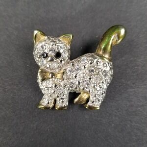 Silver Gold Tone Rhinestone Cat Brooch Pavé Crystal Kitten Pin Bow Tie Whimsical